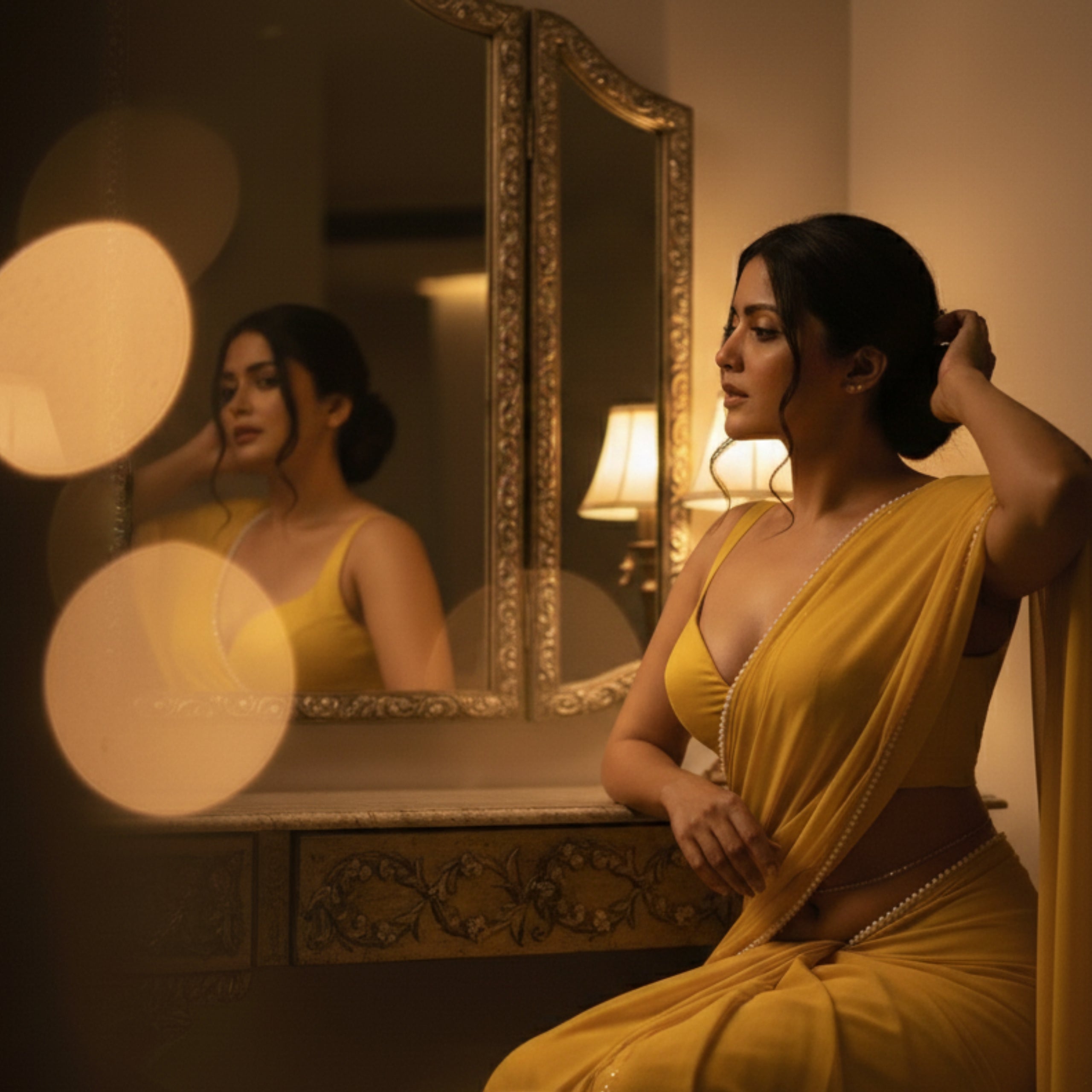 Cosmic Pearl saree gift idea – yellow amber pearl saree for Diwali gifting and festive celebrations
