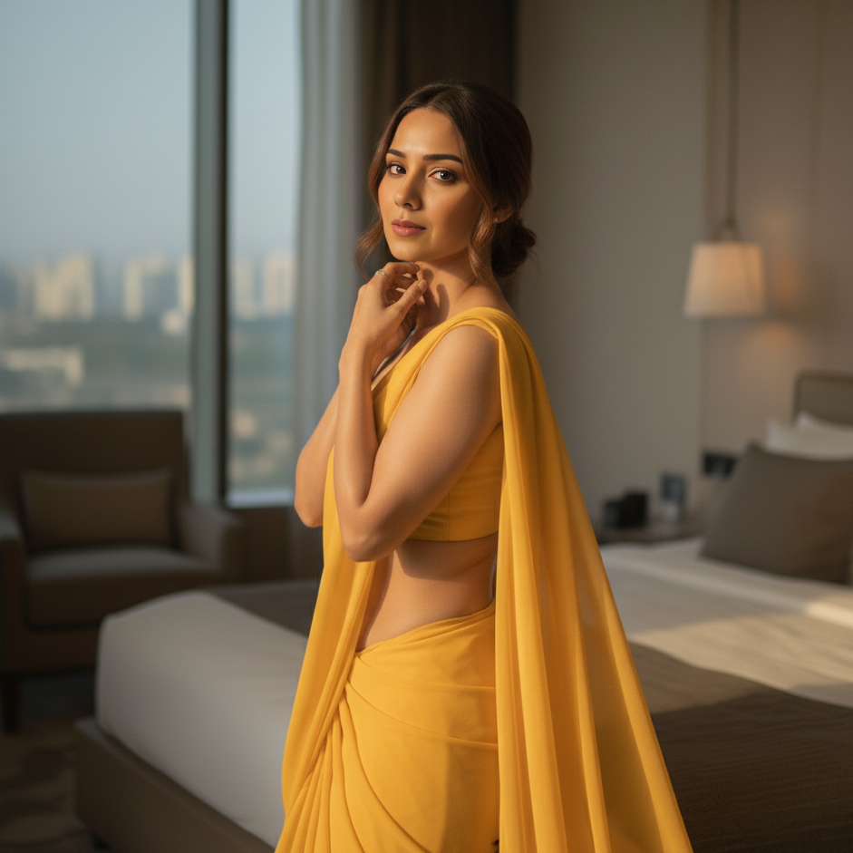 Woman in a yellow outfit standing in a modern bedroom with cityscape view