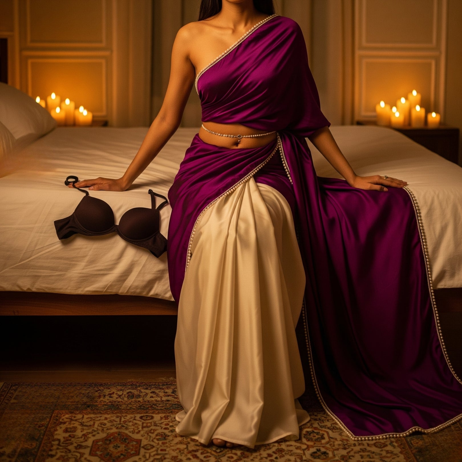 Woman in a purple and white saree sitting on a bed with candles in the background