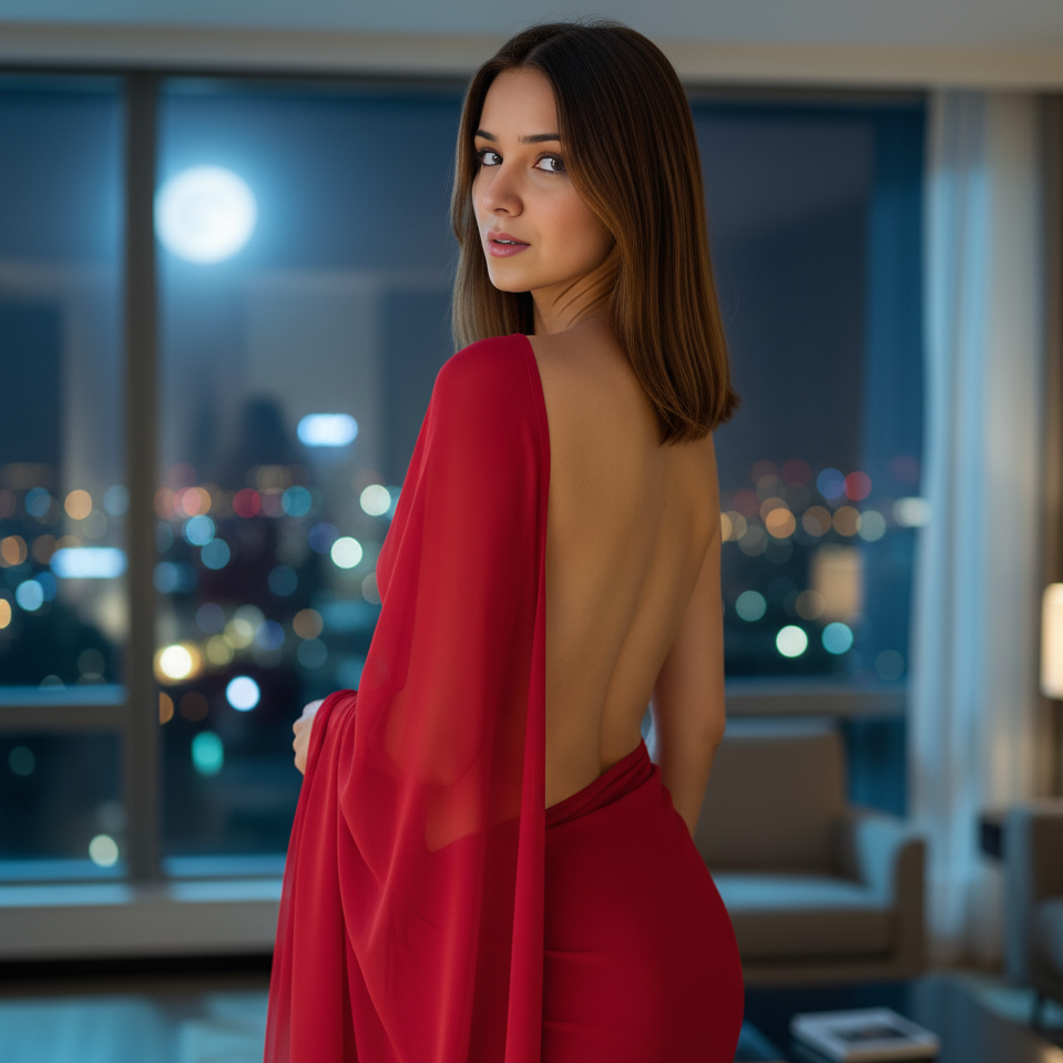 Woman in a red dress with an open back standing in a room with city lights in the background