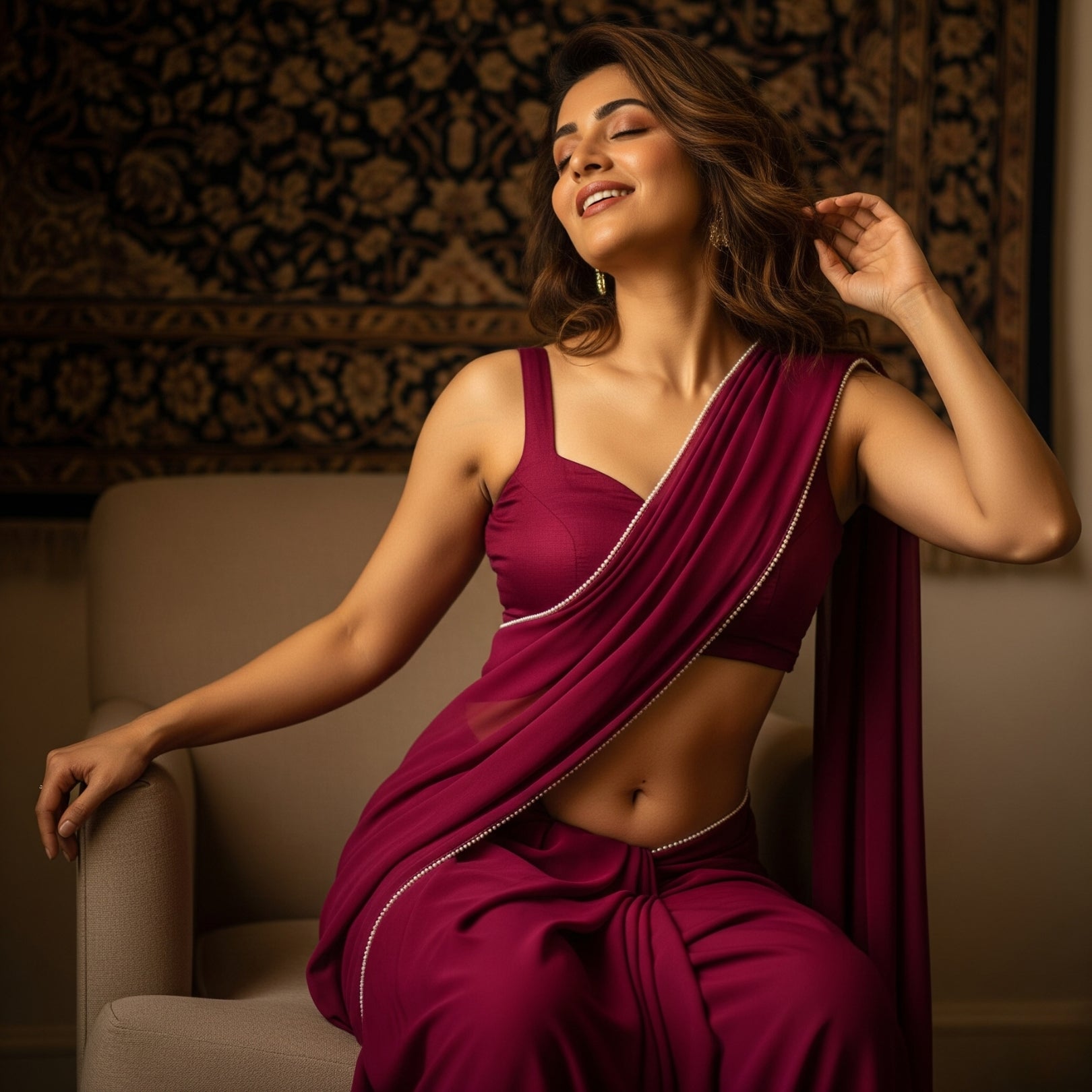 Woman in a purple saree sitting on a chair with a patterned wall in the background