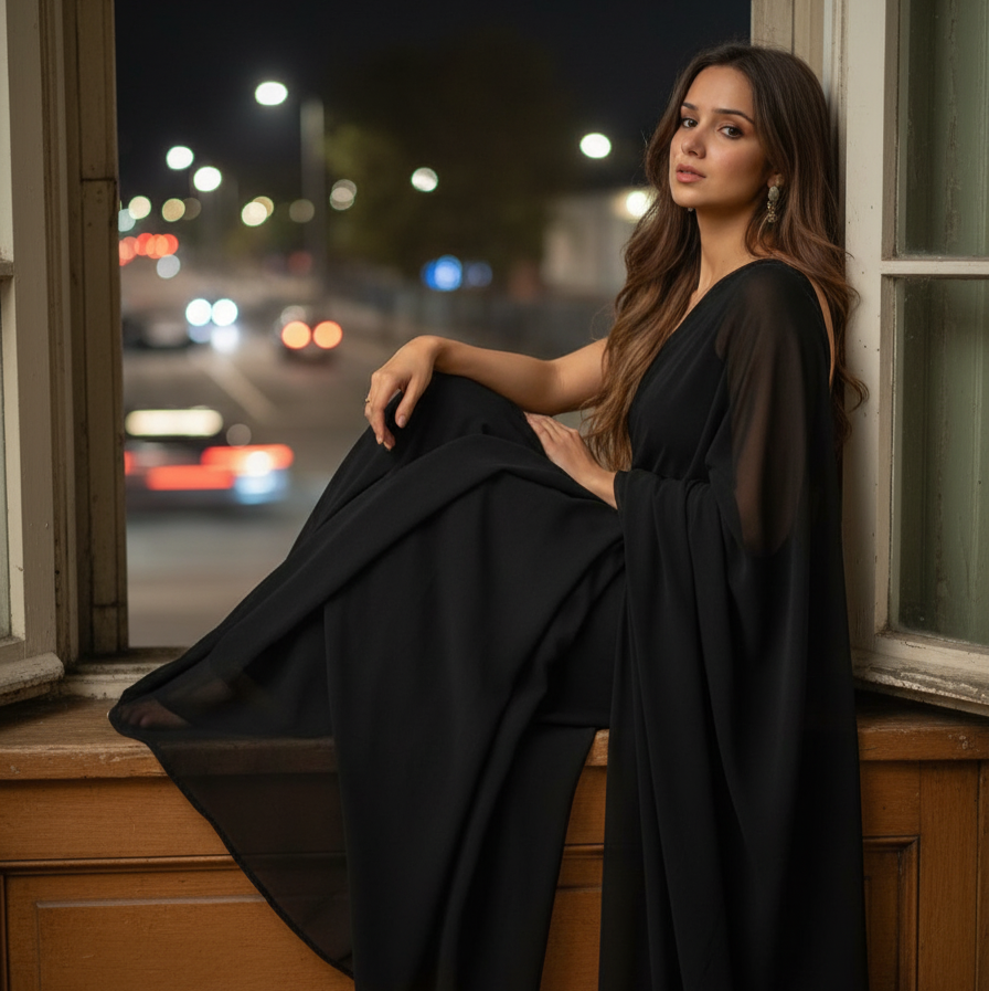 Woman in a black dress sitting on steps with a city street view at night.