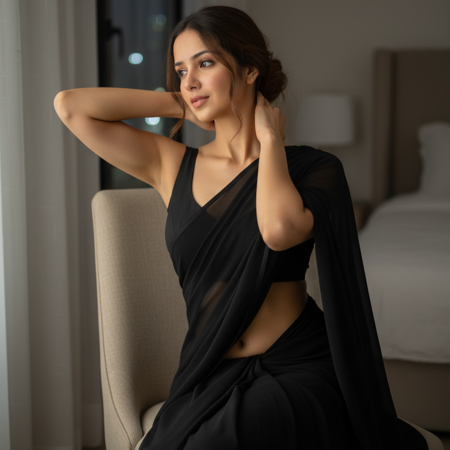 Woman in a black saree sitting in a room with neutral decor