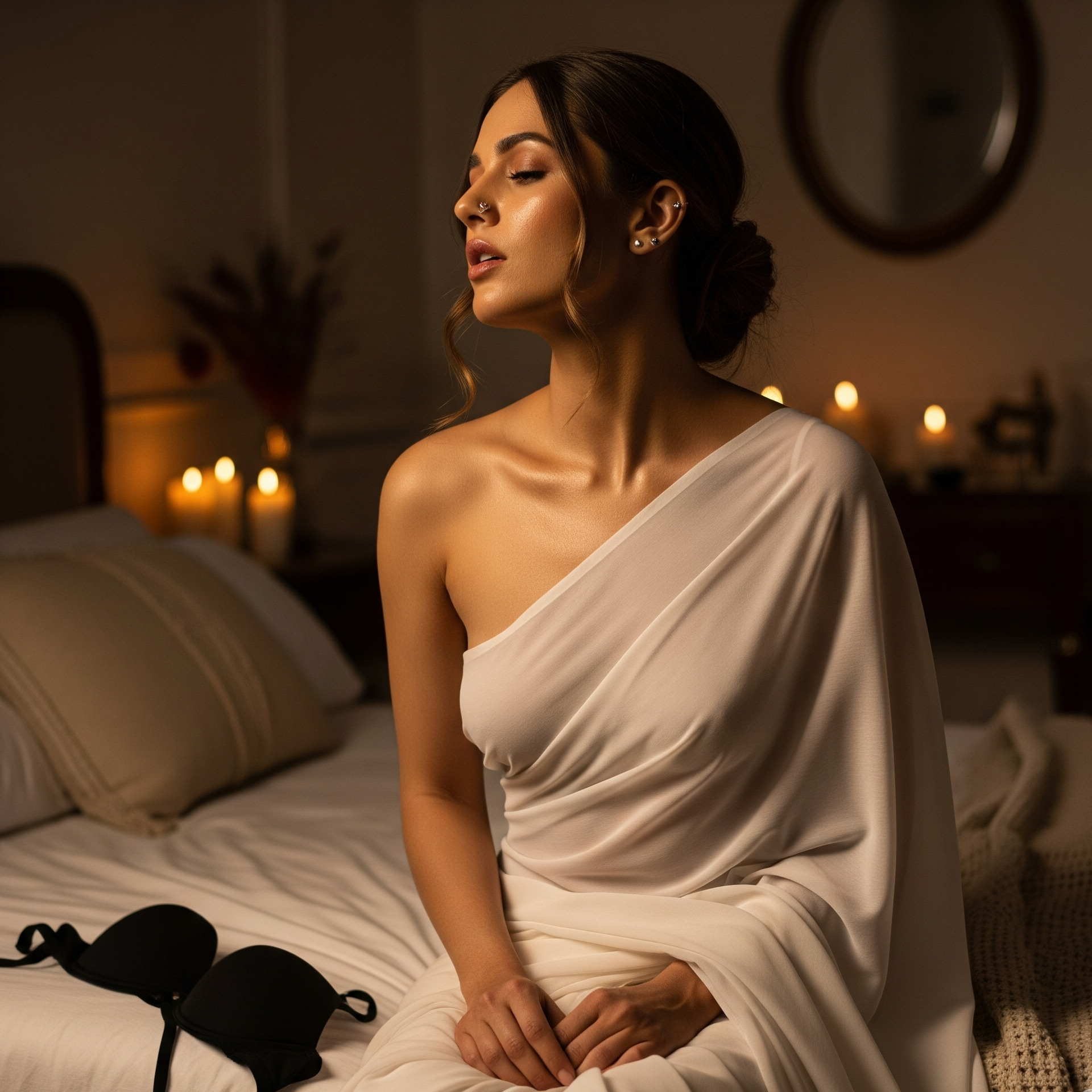 Woman in a white dress sitting on a bed with candles in the background