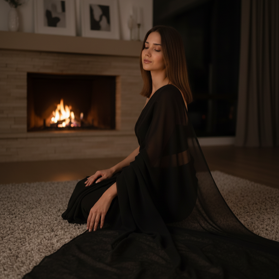 Woman in a black dress sitting in front of a fireplace