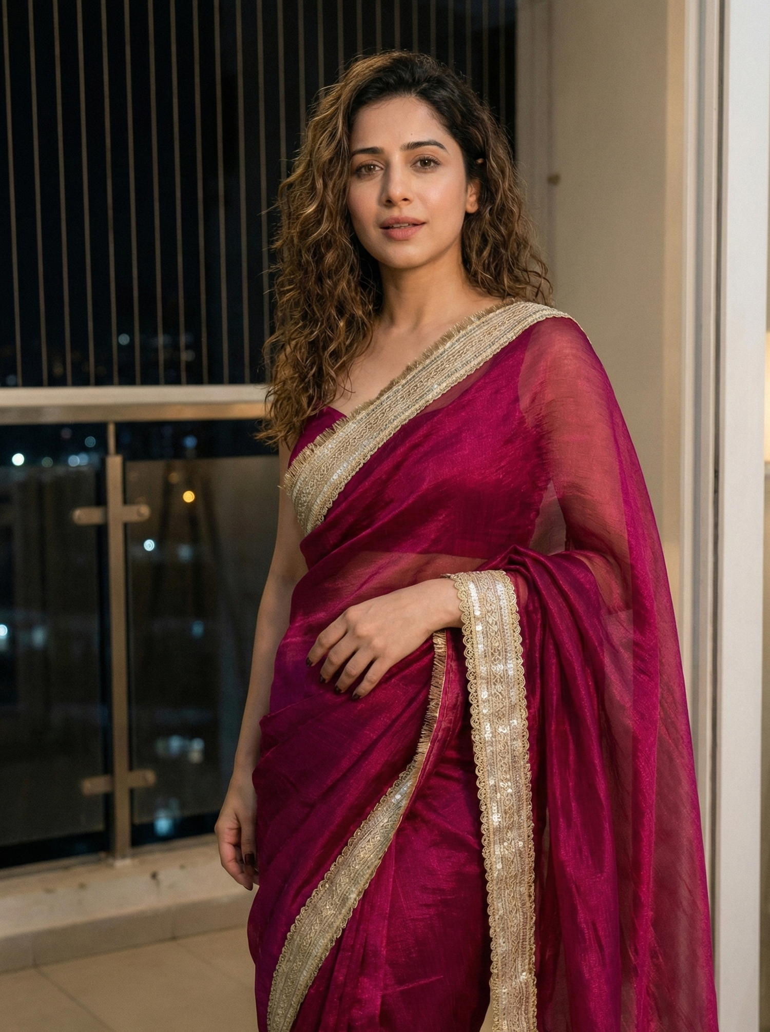 Woman in Imperial Rose Shimmer saree – rose gold chiffon for parties and intimate celebrations