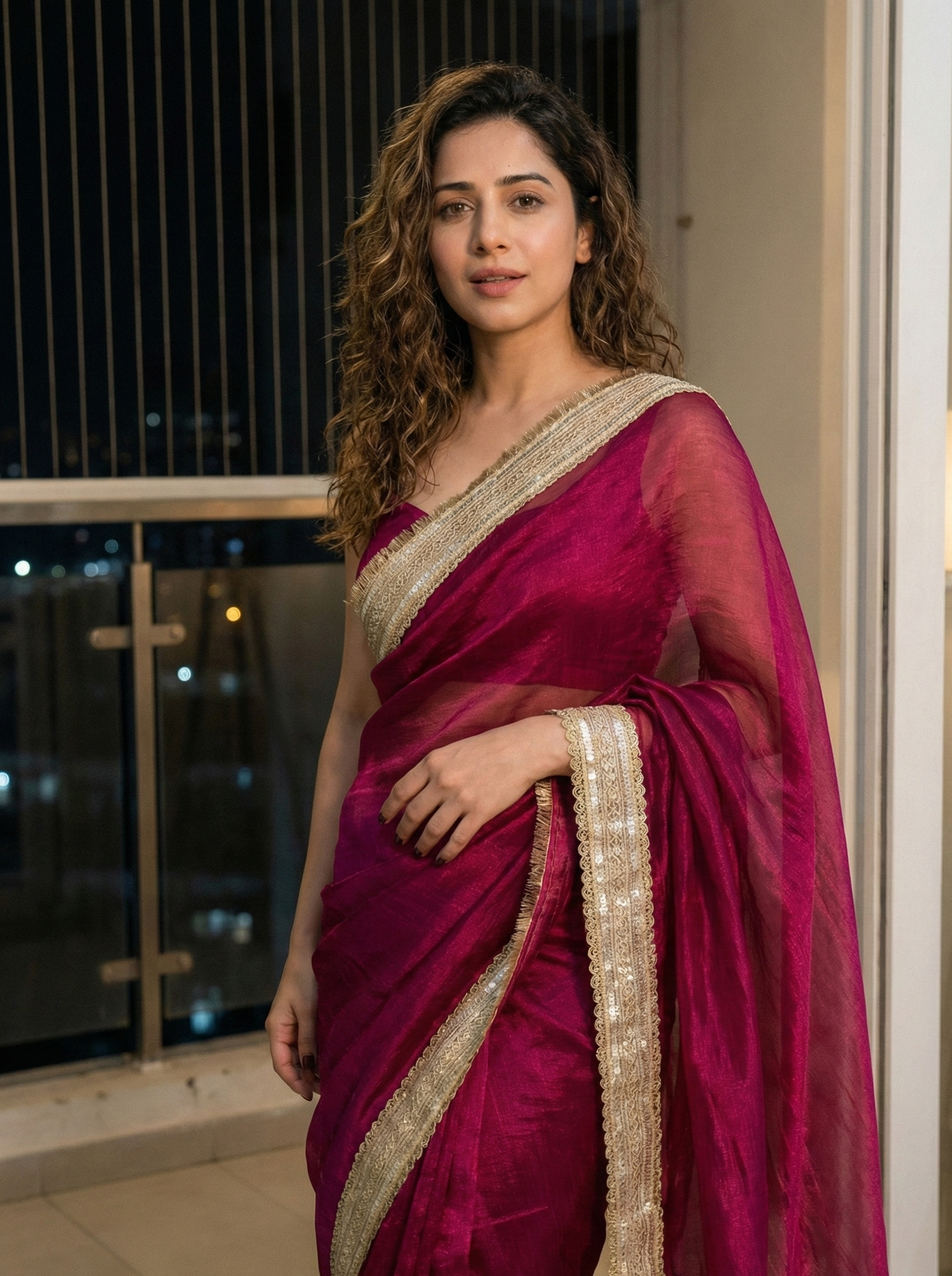 Woman in Imperial Rose Shimmer saree – rose gold chiffon for parties and intimate celebrations