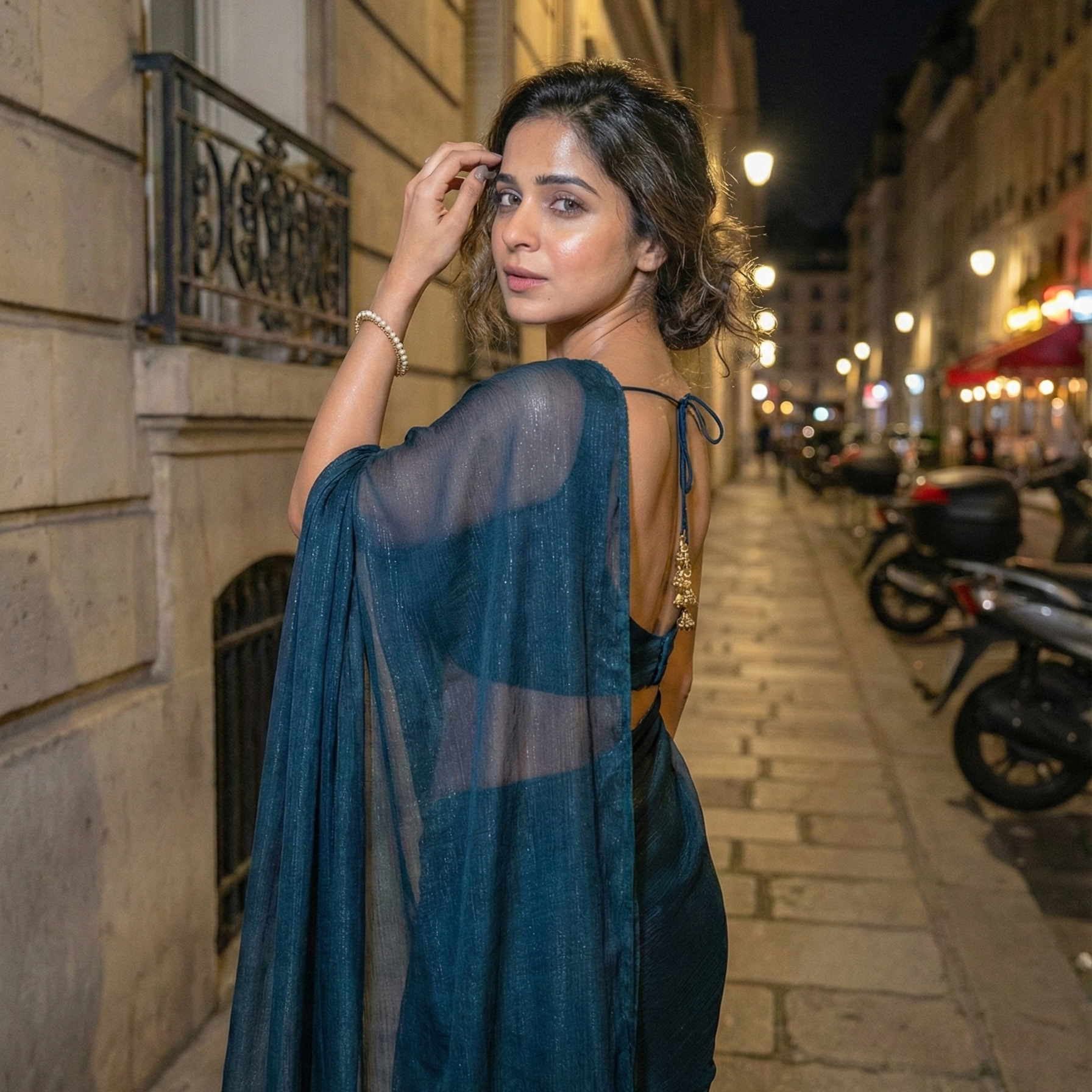 Moonlit Teal After Dark saree lifestyle – teal shimmer drape for candlelit evenings and night escapes