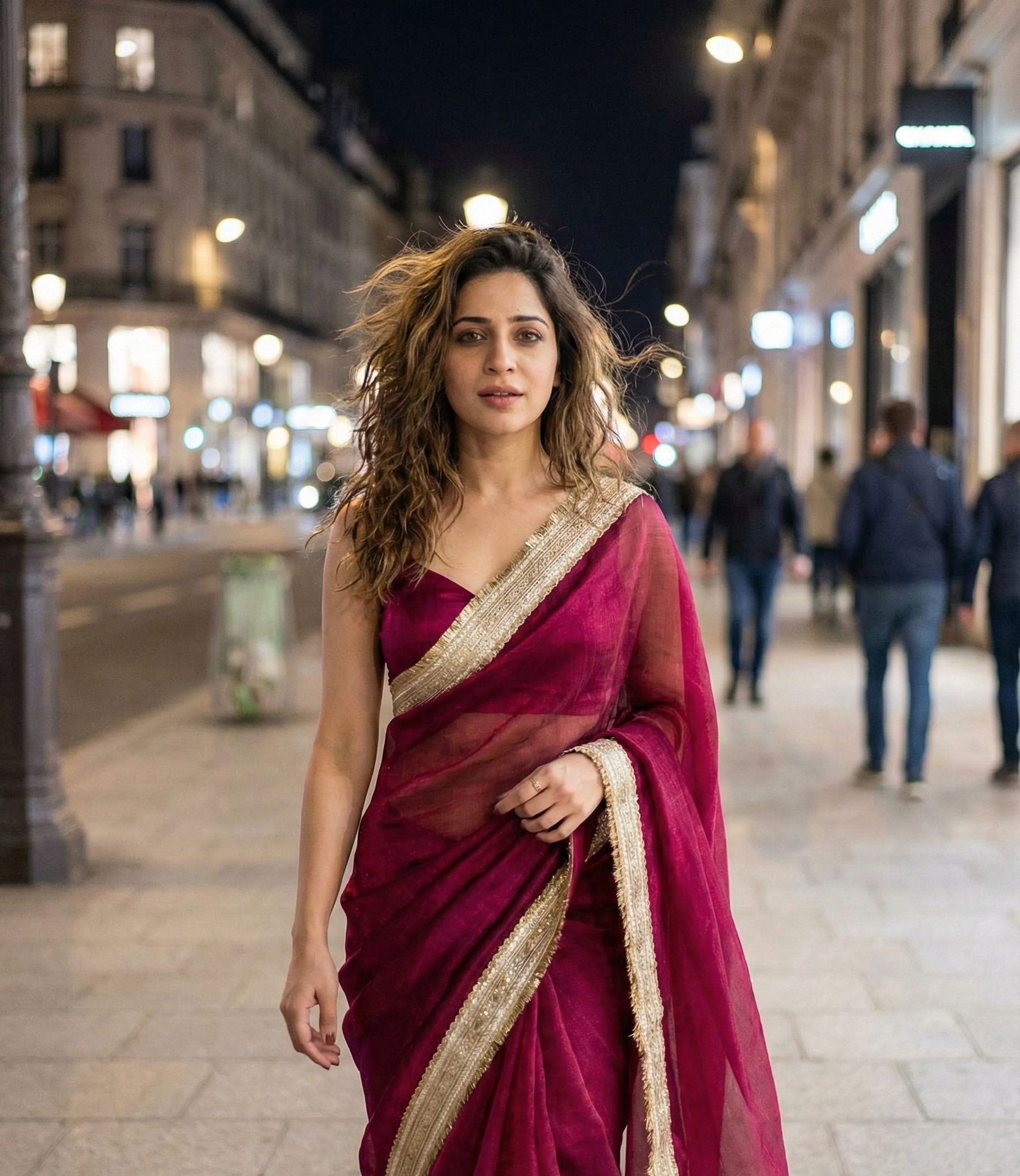 Imperial Rose Shimmer saree full look – fine shimmer chiffon that catches candlelight with every move