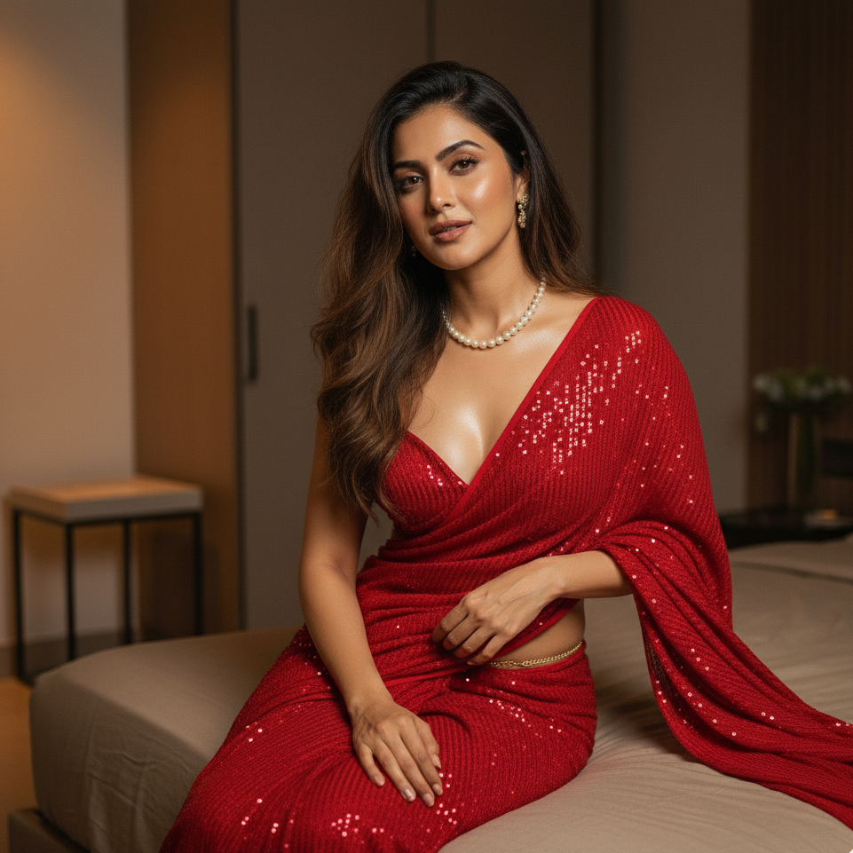 Woman in a red sequined dress sitting on a bed in a dimly lit room.