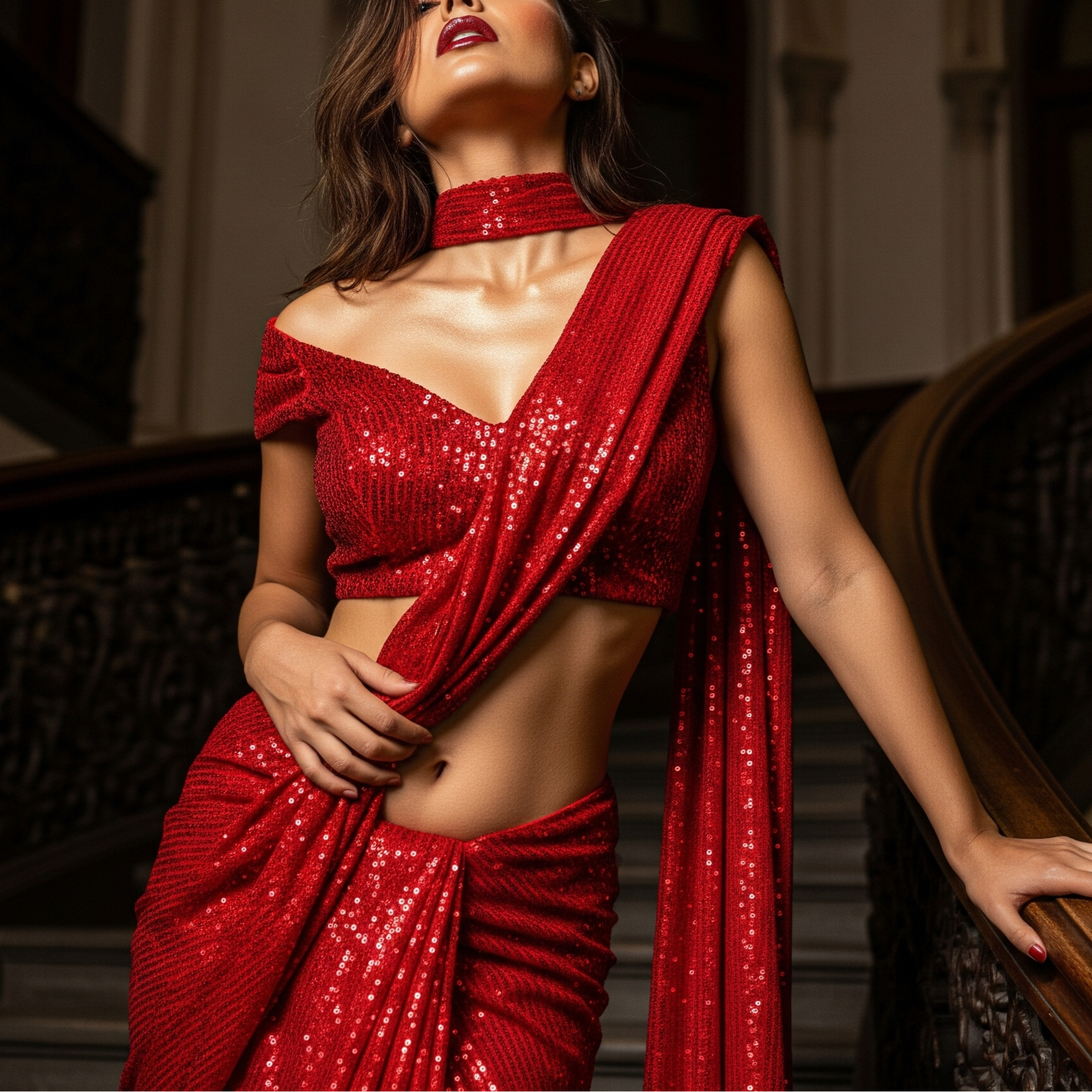 Woman in a red sequin dress standing in an elegant interior setting