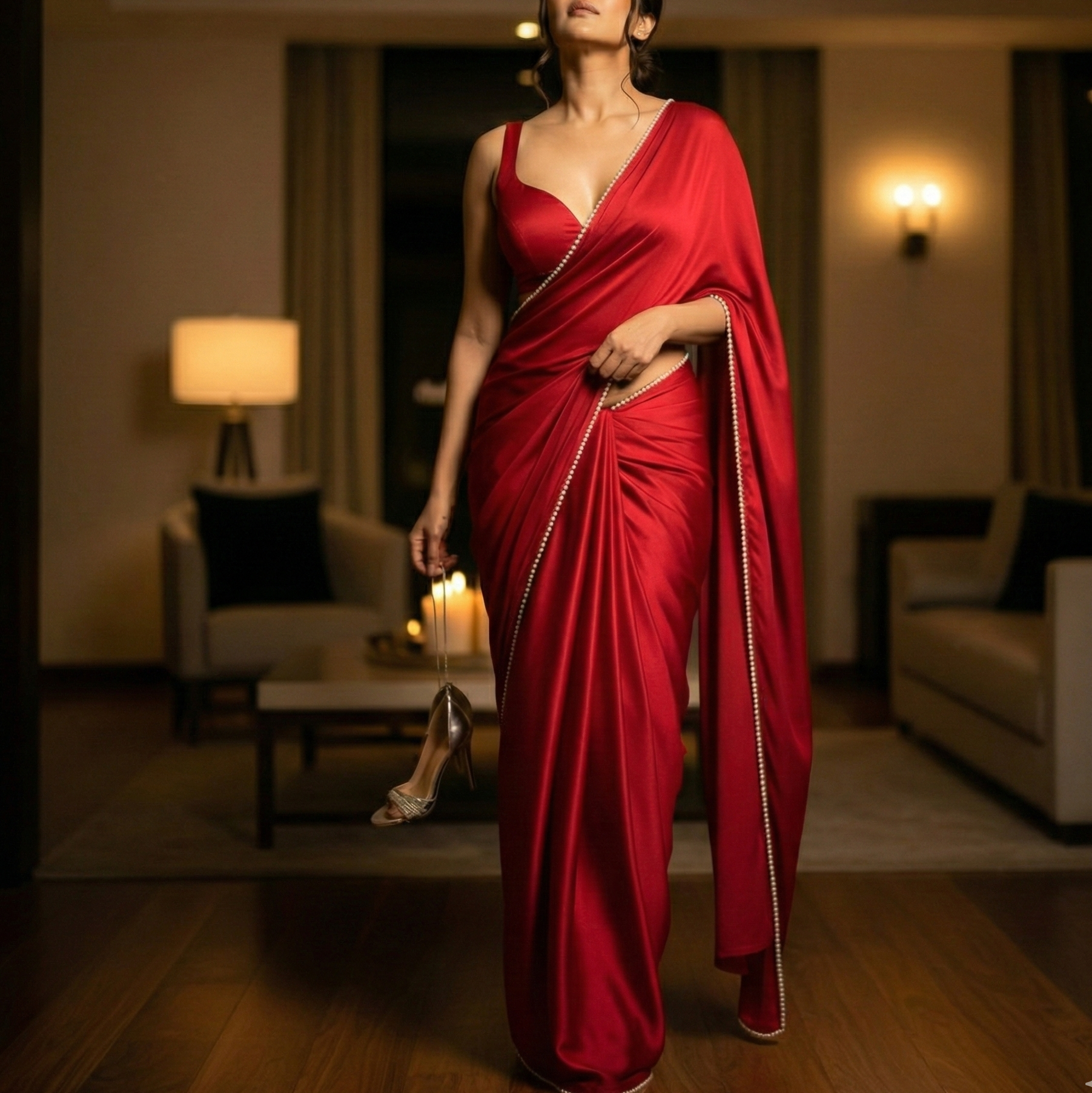 Pearl Crimson After Dark Saree close-up – reddish royal crepe fabric adorned with glistening pearls