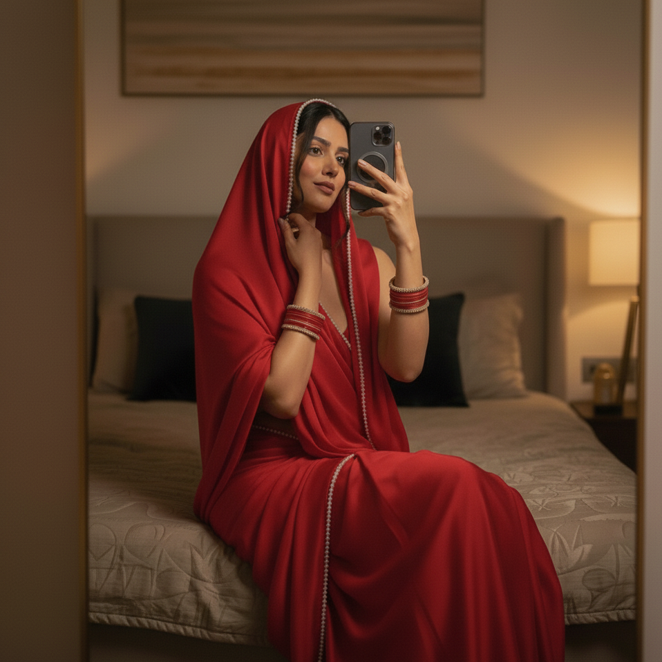 Pearl Crimson saree silhouette – bold red royal crepe with pearls for women who own the night