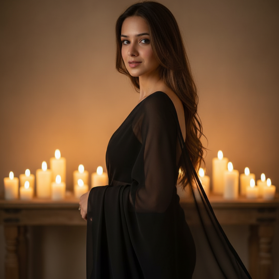 Woman in a black dress standing in front of candles with a warm glow.