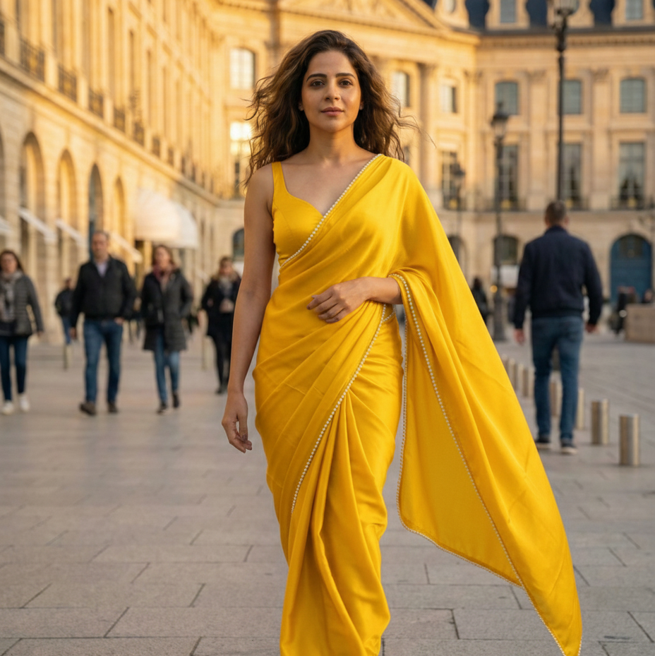 Cosmic Pearl After Dark Saree by Authority of Fashion – yellow amber royal crepe with pearl detailing