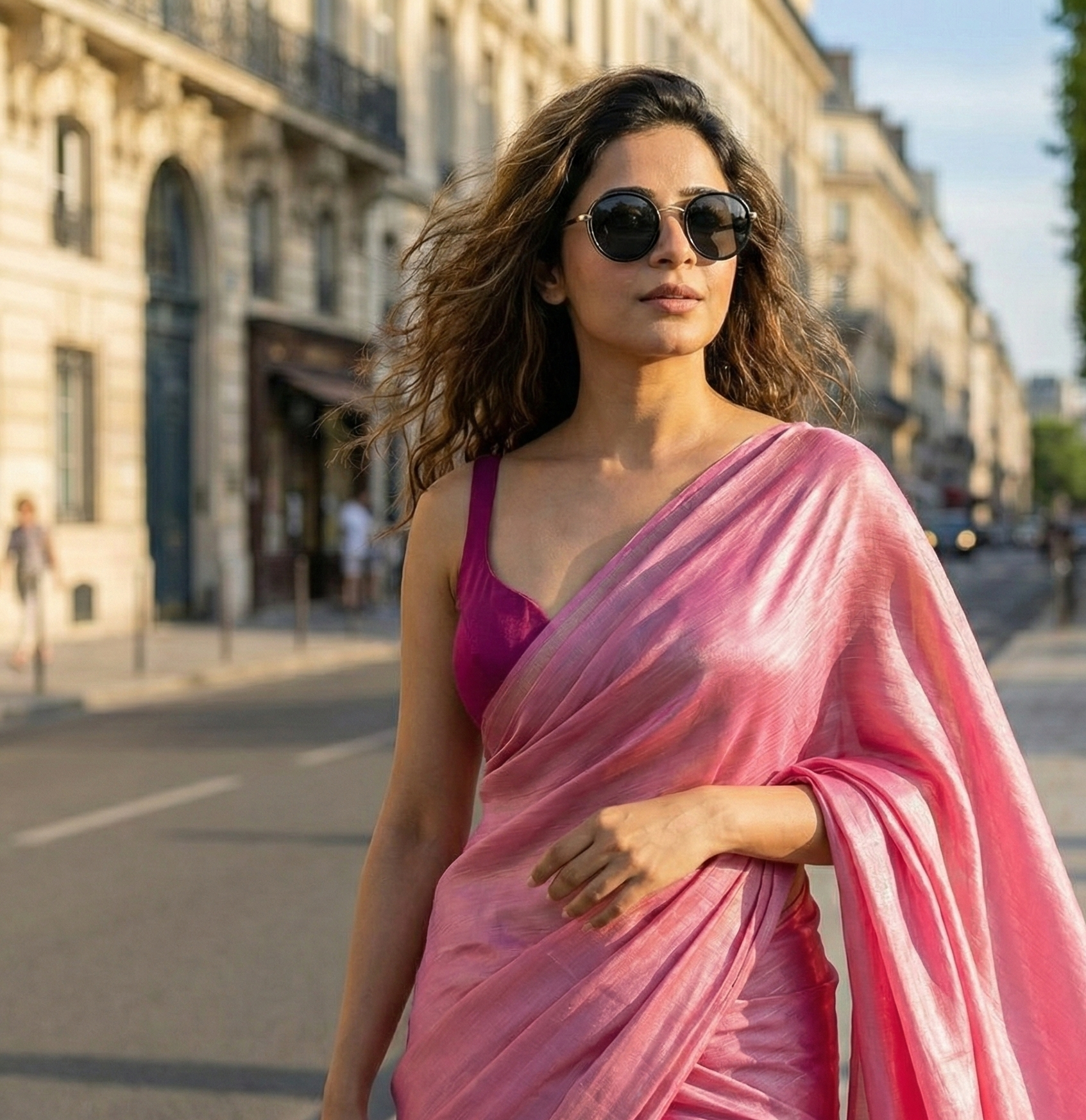 Molten Muse Shimmer Chiffon Saree for modern Indian women – pink shimmer drape, bold and intimate
