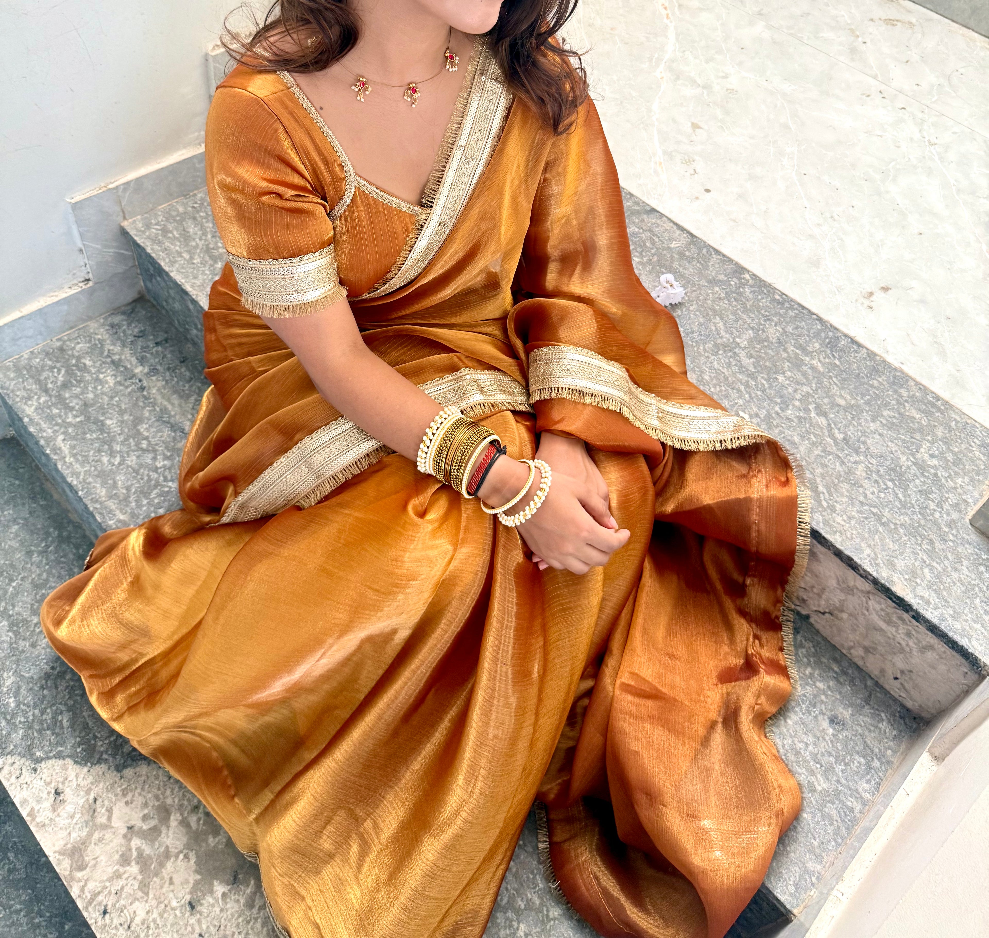 Golden Hour Shimmer Chiffon Saree
