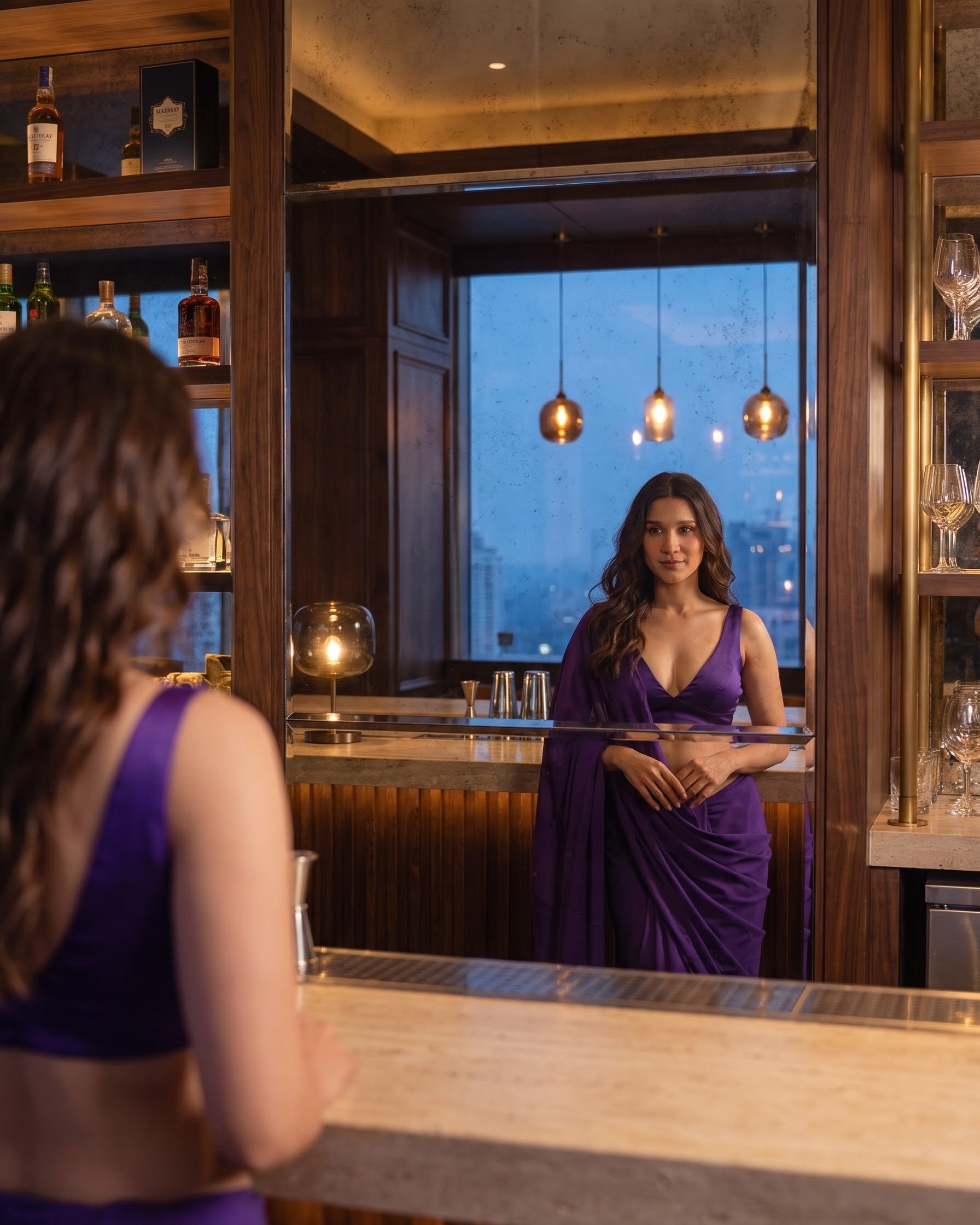 Woman looking into a bar mirror wearing the Orchid Noir purple chiffon saree