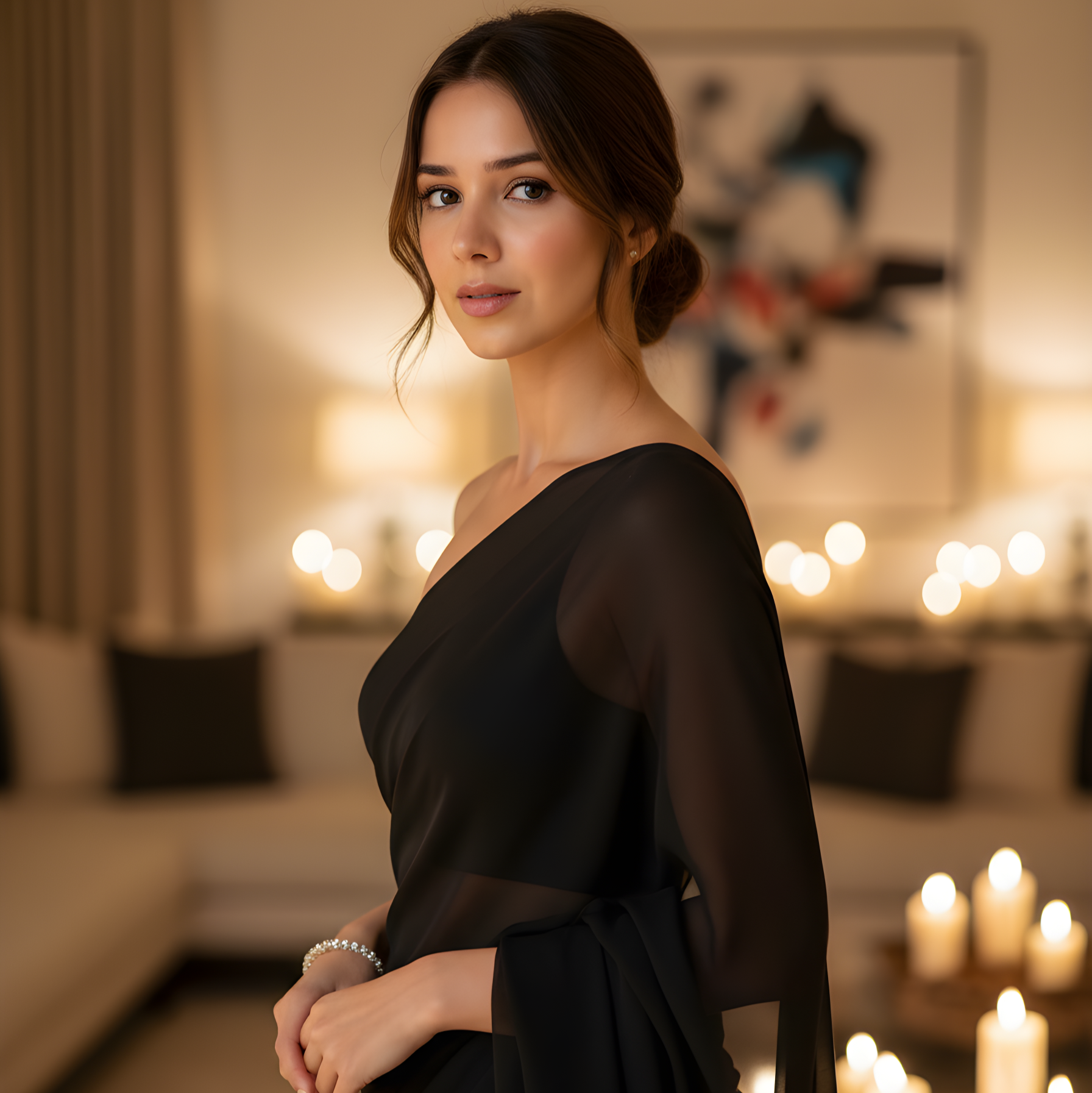 Woman in a black dress standing in a warmly lit room with candles and a painting.