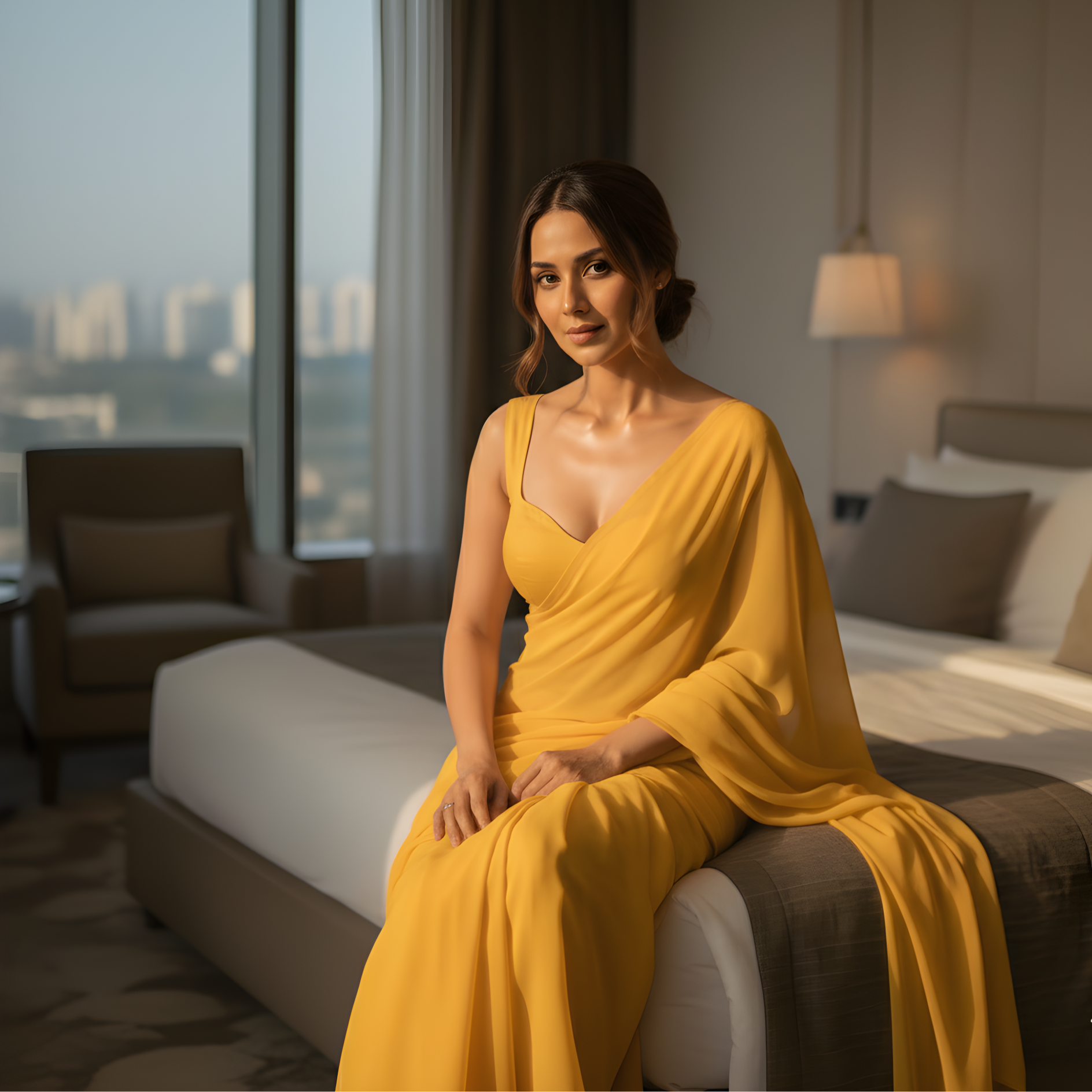 Woman in a yellow dress sitting on a bed in a modern bedroom with cityscape view.