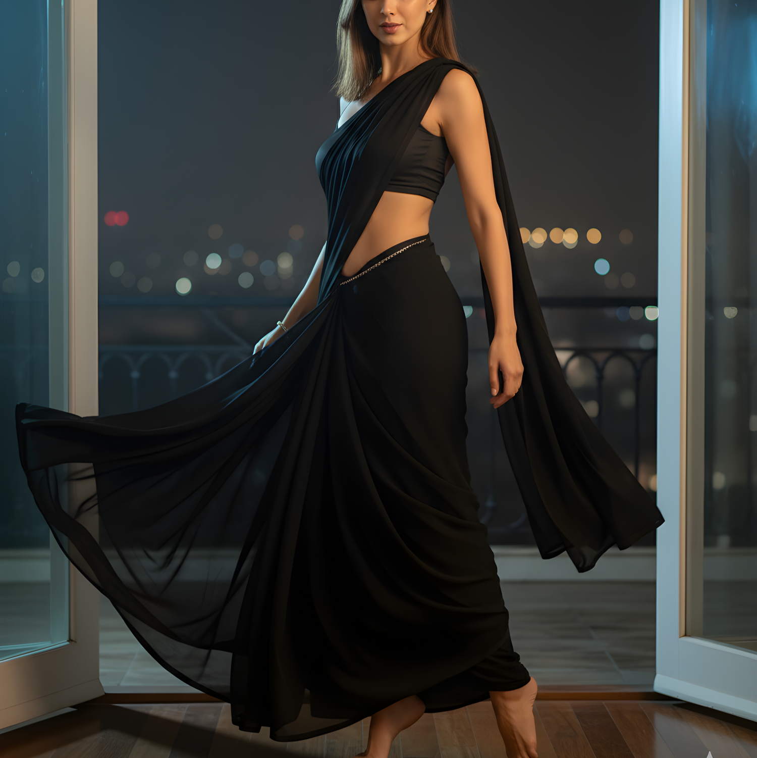 Woman in a black dress standing in a room with a large window showing a cityscape at night.