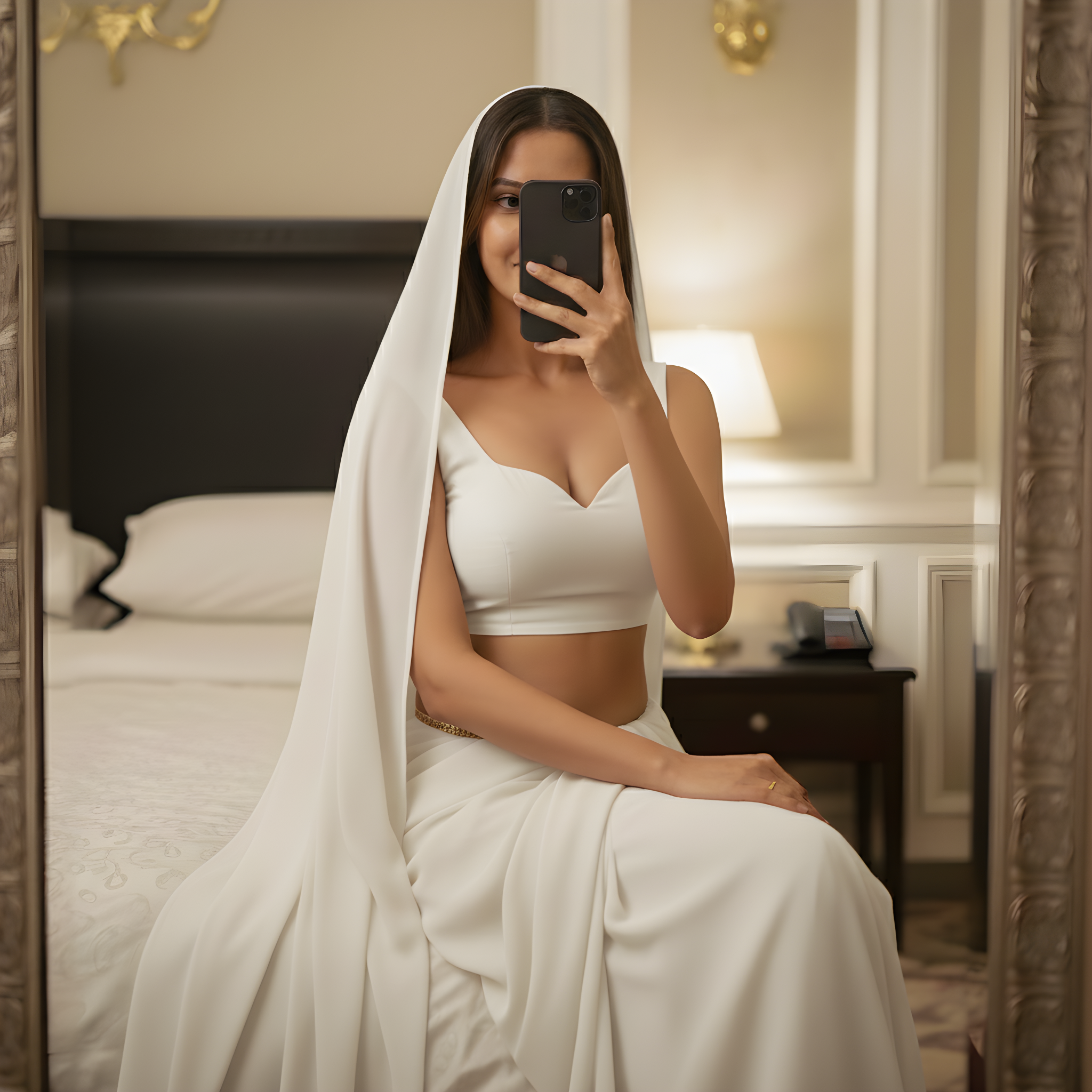 Mysterious Night saree close-up – pure white georgette that moves with effortless fluid grace