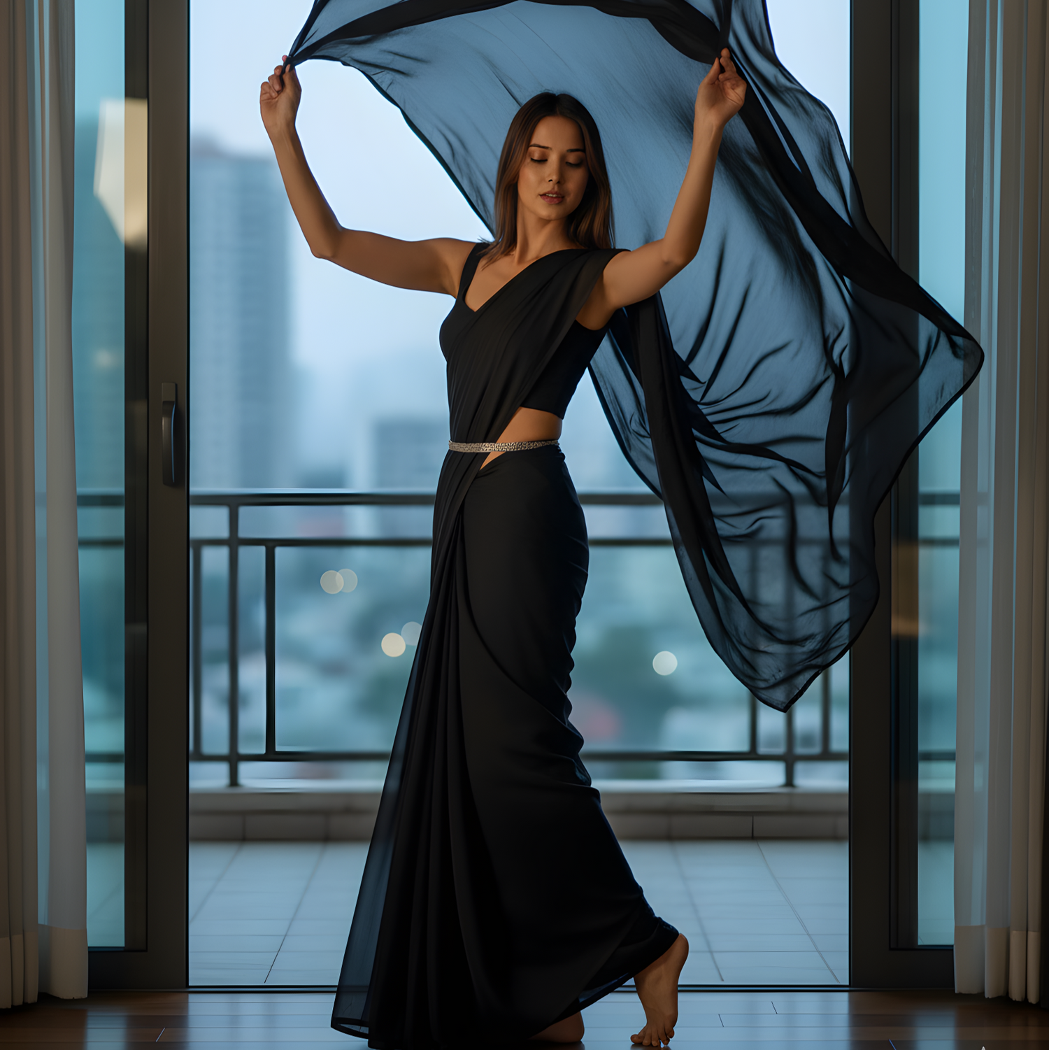 Woman in a black dress holding a blue fabric in front of a large window with a cityscape view.