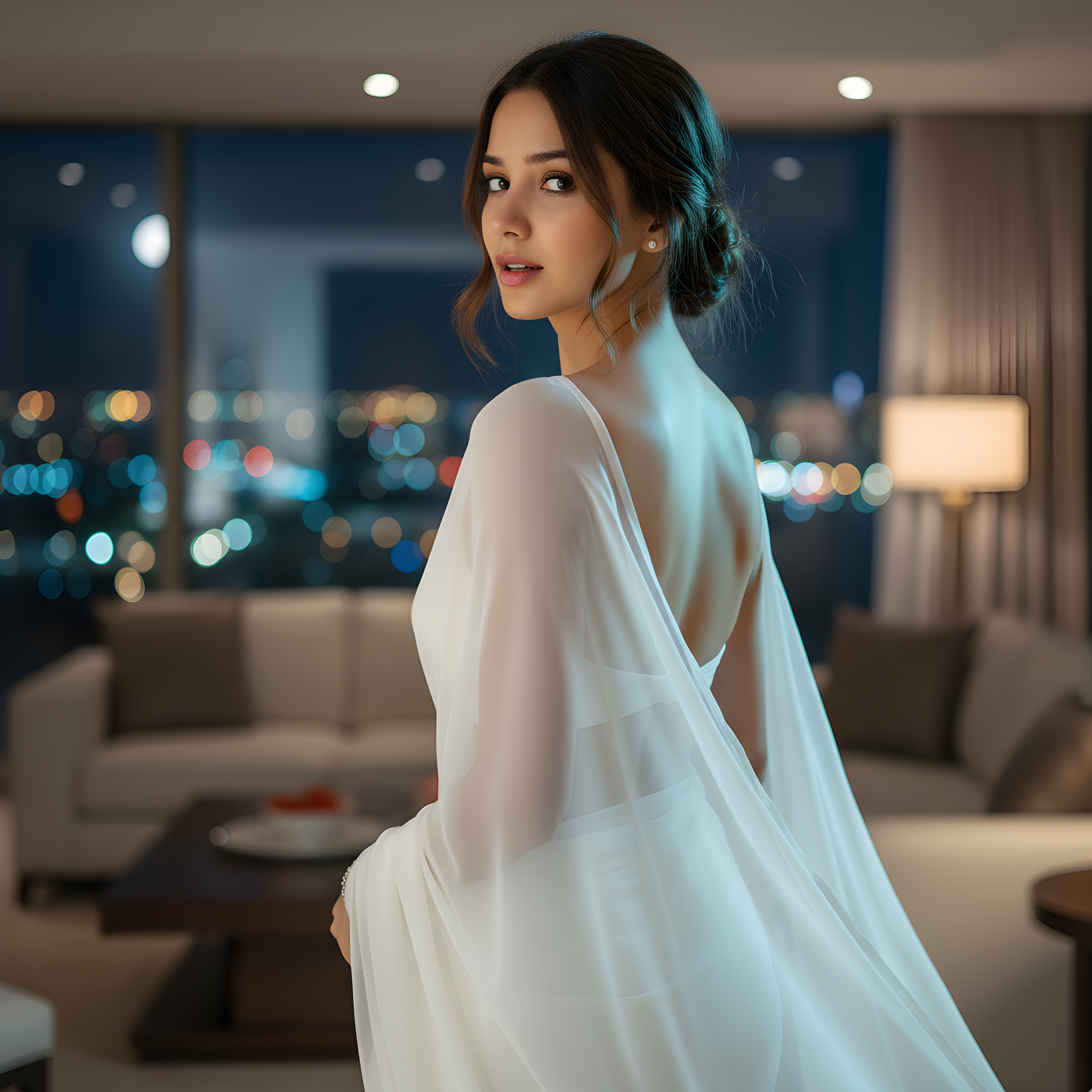 Woman in a white dress standing in a modern living room with city lights in the background