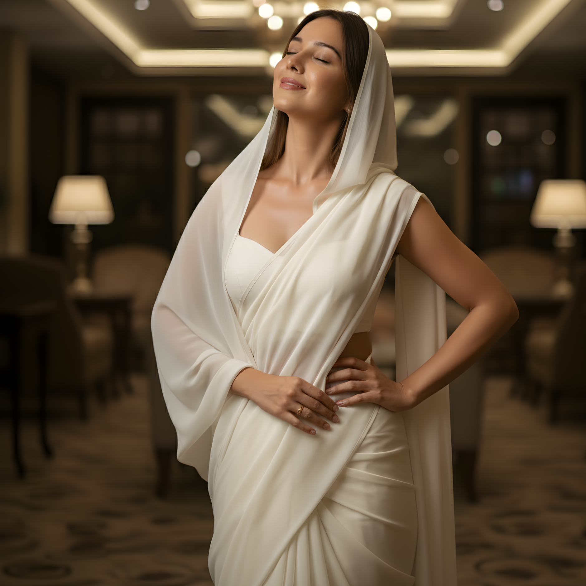 Woman in a white saree standing in an elegant indoor setting