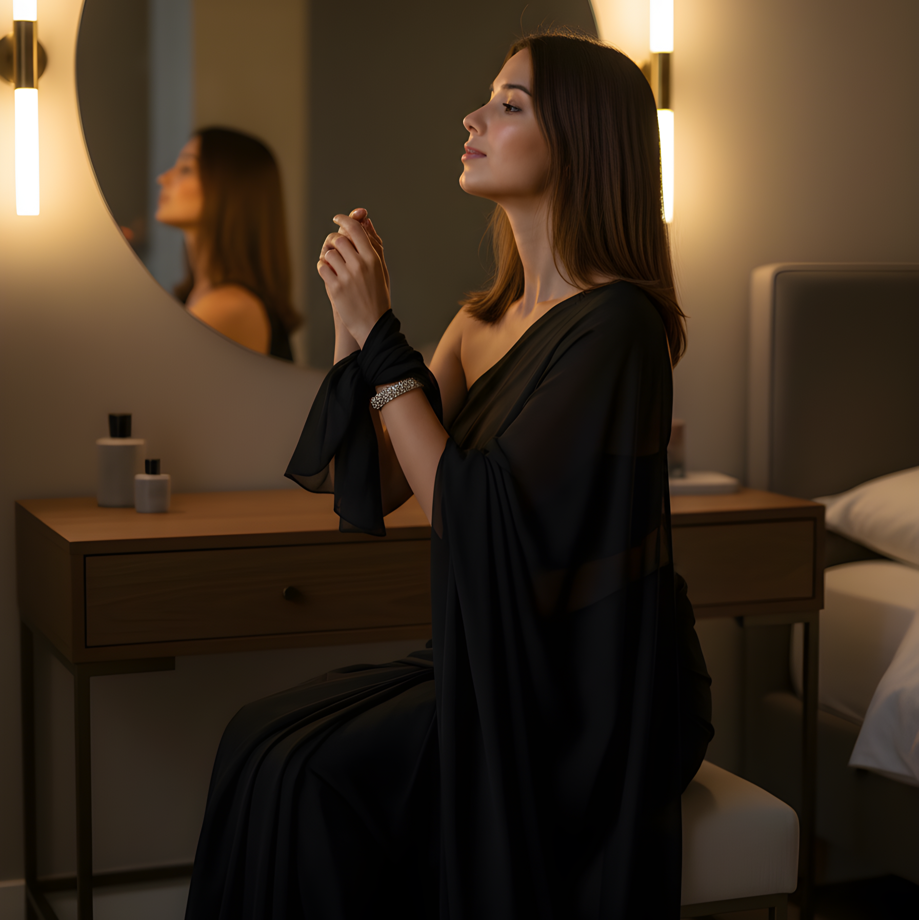 Woman in a black dress sitting by a round mirror in a dimly lit room.