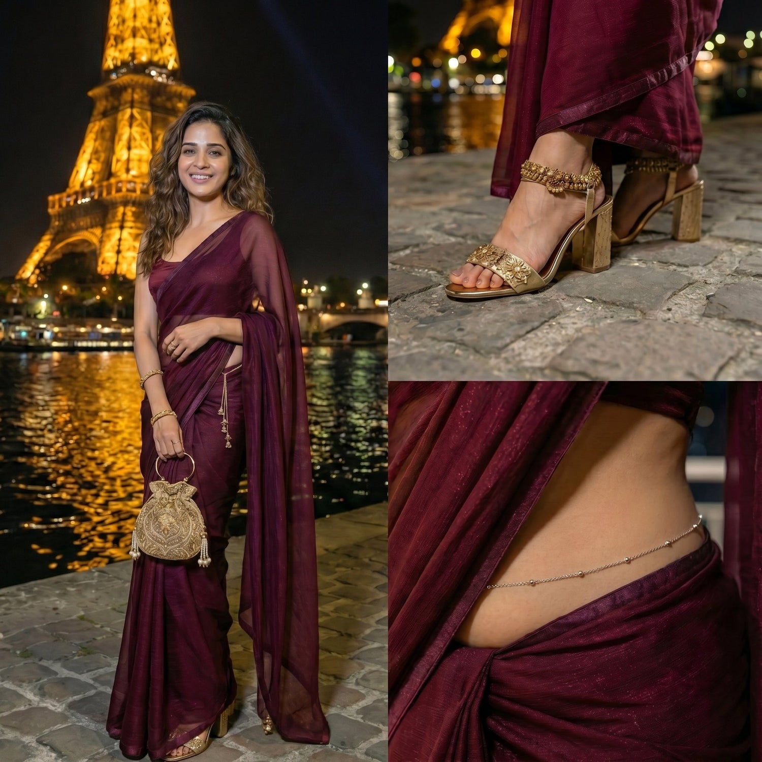 Midnight Merlot After Dark Saree with Belly Chain – deep wine saree belly chain detail