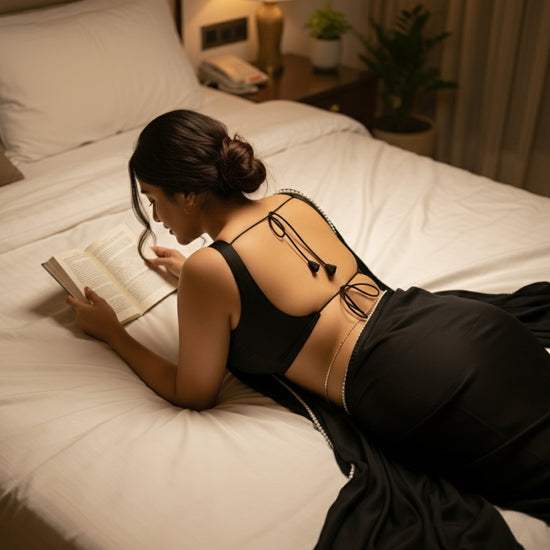 Buy Midnight Pearl After Dark Saree online – jet black royal crepe saree for bold intimate occasions