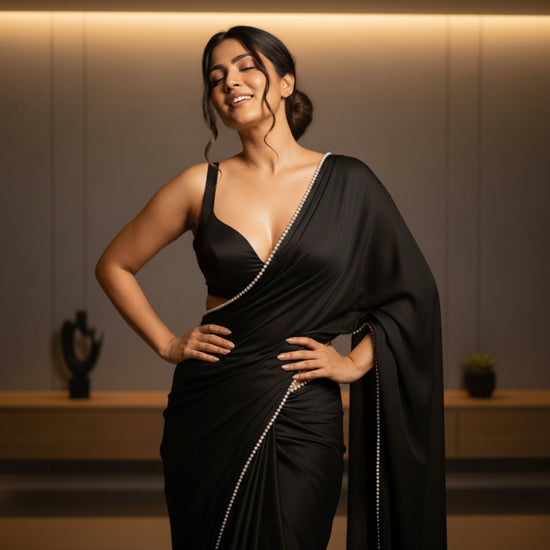 Midnight Pearl After Dark Saree by Authority of Fashion – jet black royal crepe saree for power evenings