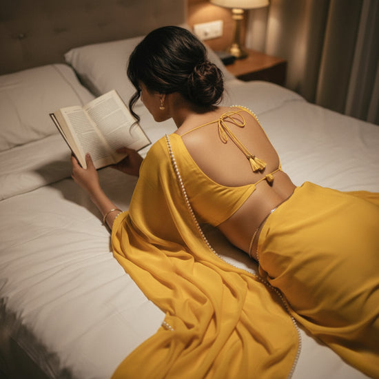 Buy Cosmic Pearl After Dark Saree online – yellow amber pearl saree for festive evenings