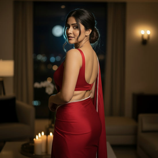 Pearl Crimson saree full look – glossy crimson red royal crepe with pearl accents for bold evenings