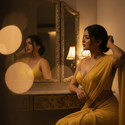 Cosmic Pearl saree gift idea – yellow amber pearl saree for Diwali gifting and festive celebrations
