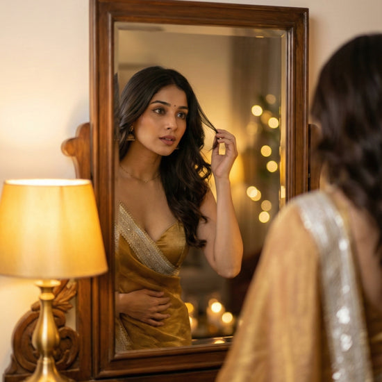 Buy Golden Hour Shimmer Chiffon Saree online – ₹2495 gold shimmer saree for premium occasions
