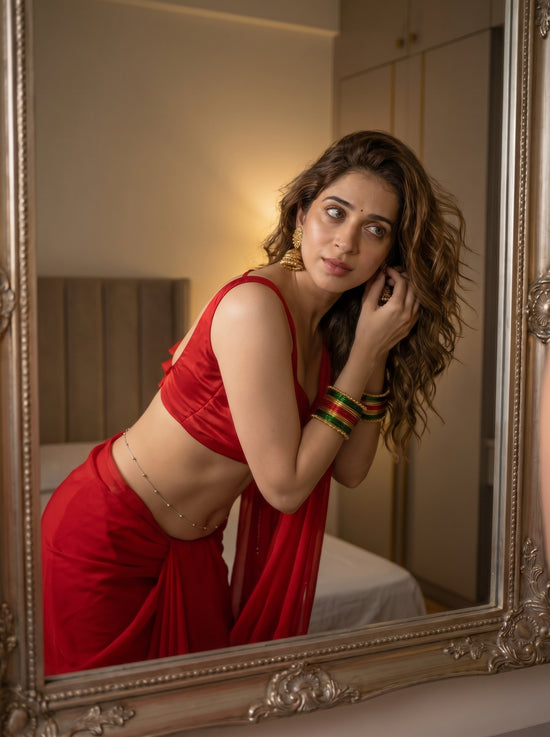 Velvet Temptation After Dark Saree – romantic red chiffon with earring detail