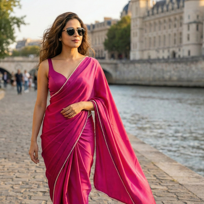 Pearl Desire saree silhouette – dark pink royal crepe for confident feminine evenings
