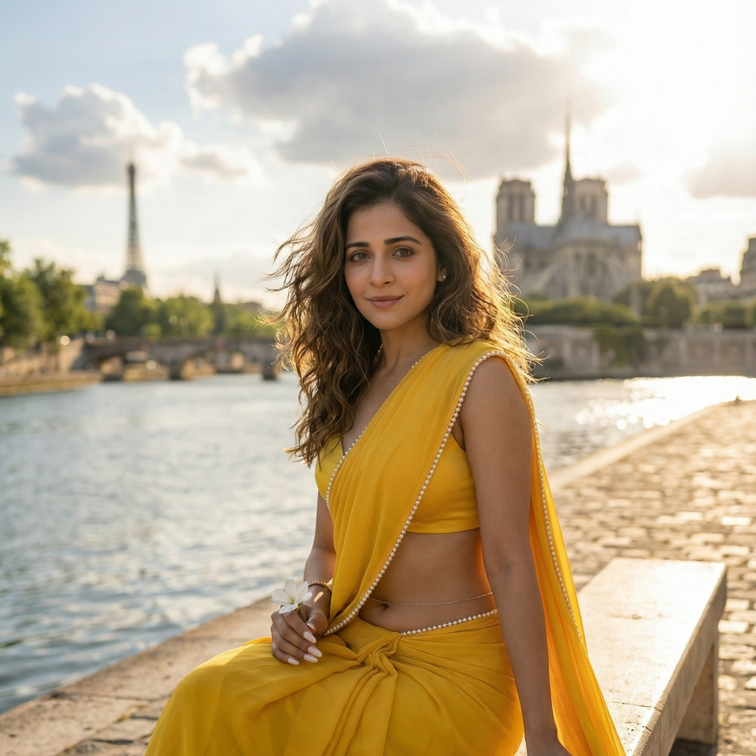 Cosmic Pearl saree full look – golden amber royal crepe with pearls that captures light like a halo
