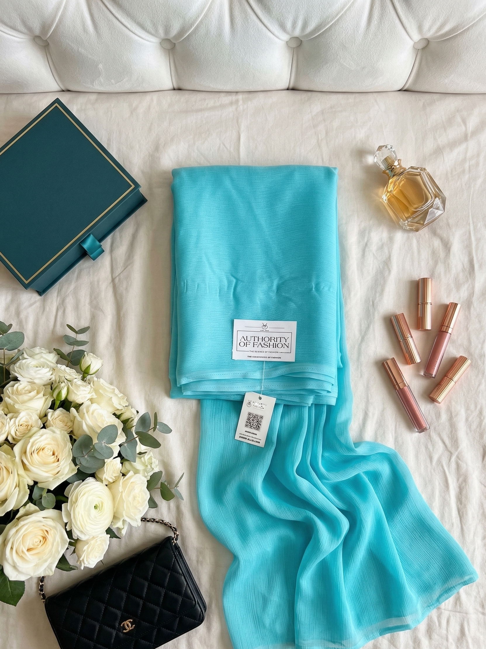 Turquoise scarf with a brand label on a white surface with flowers, book, and lip products.