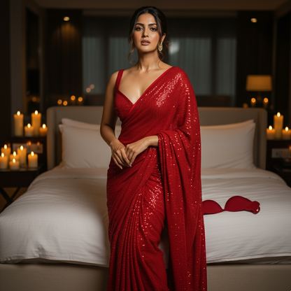 Woman in a red saree standing in a bedroom with candles and a bed in the background