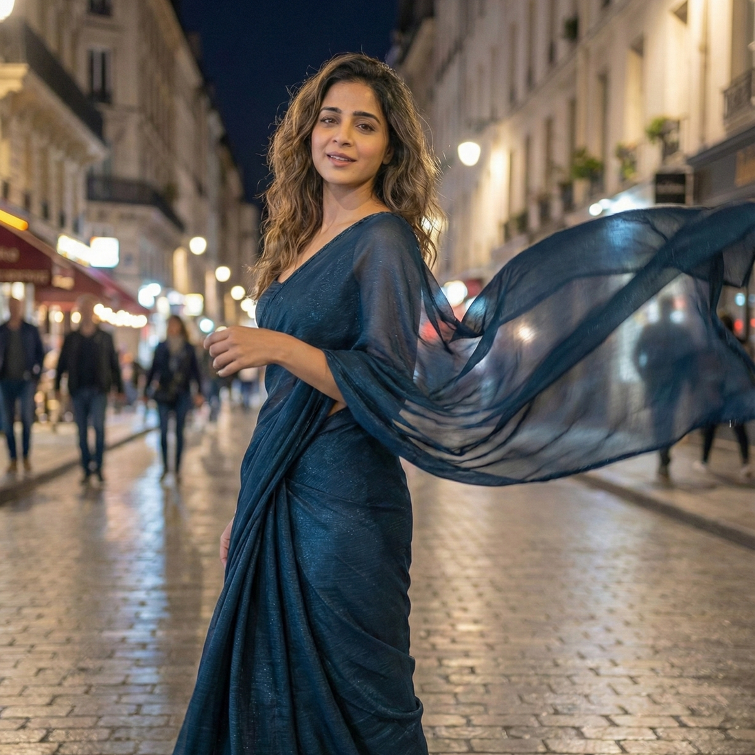 Moonlit Teal saree full look – shimmer teal georgette that glows softly under low light