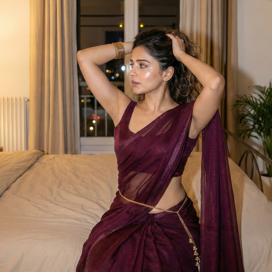 Mystic Plum After Dark Saree by Authority of Fashion – deep plum wine star georgette saree