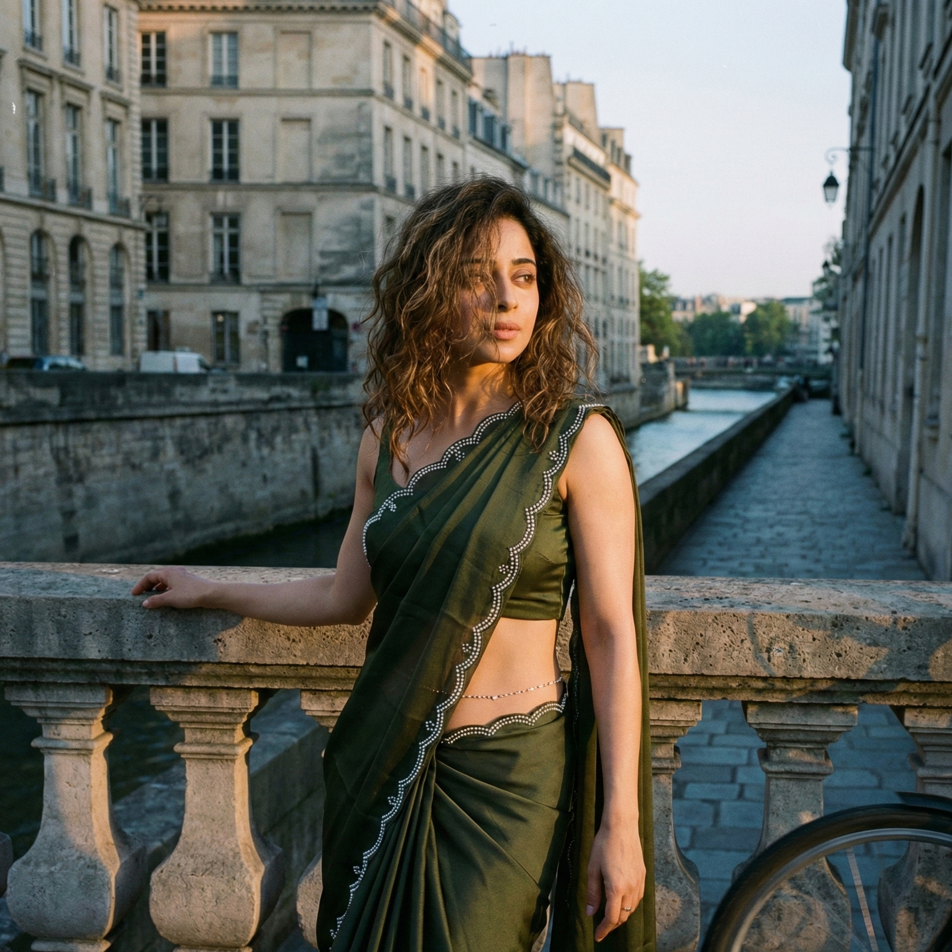 Verdant Grace saree silhouette – deep green fluid royal crepe for presence and slow-burning allure