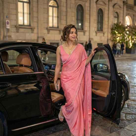 Blush Pearl After Dark saree for modern Indian women – dusty rose royal crepe by Authority of Fashion