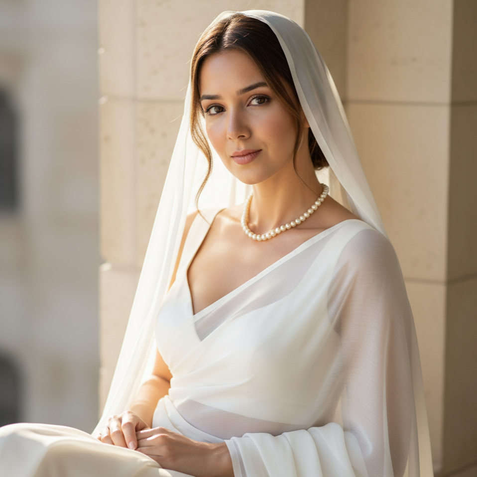 Woman in a white saree with a veil and pearl necklace against a neutral background