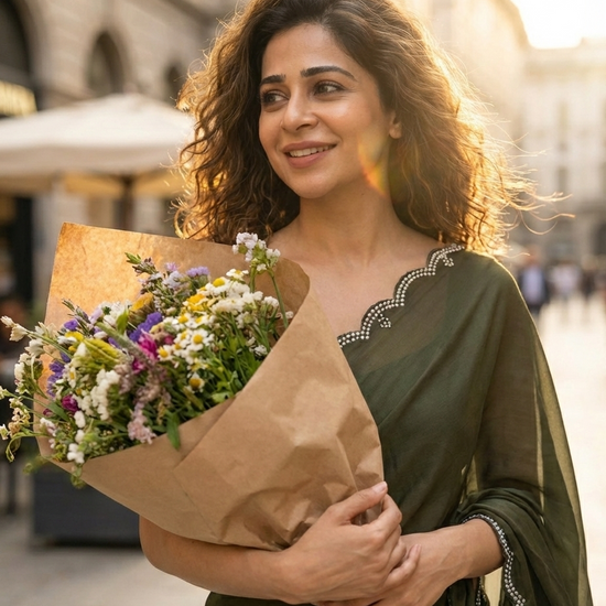 Verdant Grace deep green saree full look – fluid royal crepe with quiet confidence and slow-burning elegance