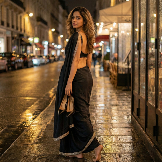 Woman in Obsidian Veil saree – jet black royal crepe gold border for Diwali and cultural luxury