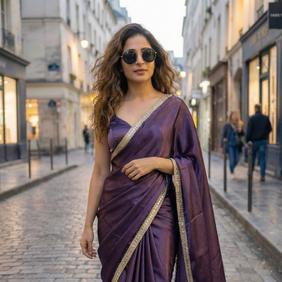 Woman in Lilac Drift saree – muted lilac royal crepe for seaside evenings and lingering moments